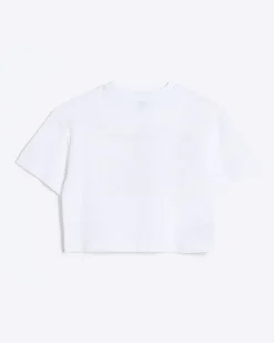 Girls white embossed cropped graphic t-shirt