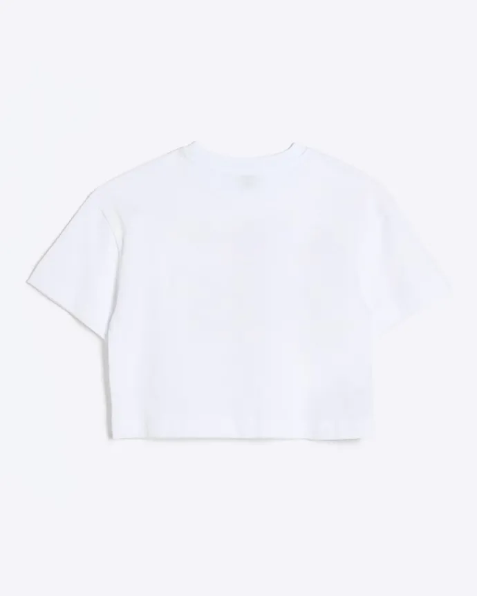 Girls white embossed cropped graphic t-shirt