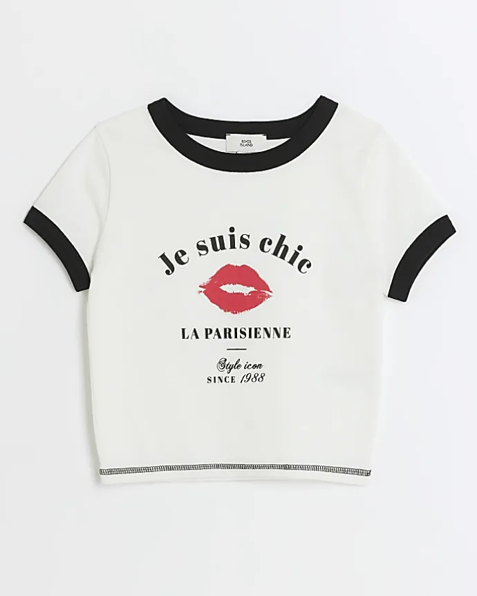 Girls white lips graphic crop t-shirt