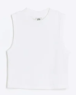 Girls white rib high neck tank top