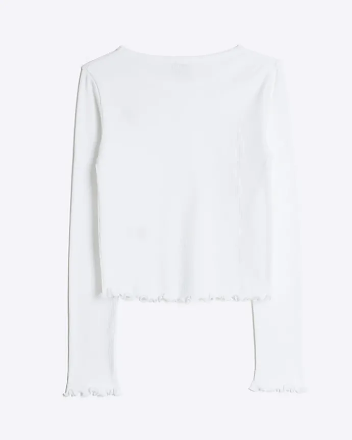 Girls white rib lettuce hem long sleeve top
