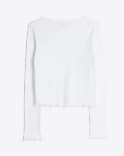 Girls white rib lettuce hem long sleeve top