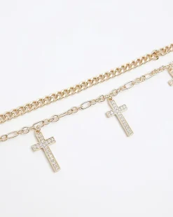 Gold Cross Multirow Choker Necklace