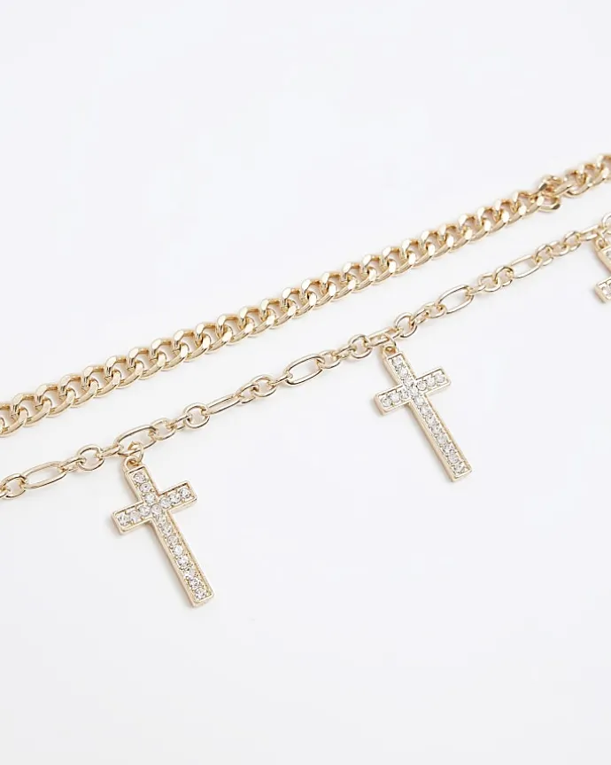 Gold Cross Multirow Choker Necklace