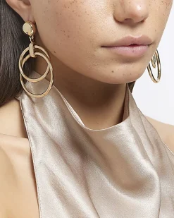 Gold double hoop drop earrings
