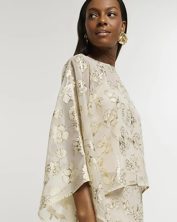 Gold glitter floral cape blouse