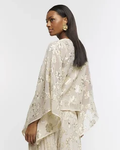 Gold glitter floral cape blouse