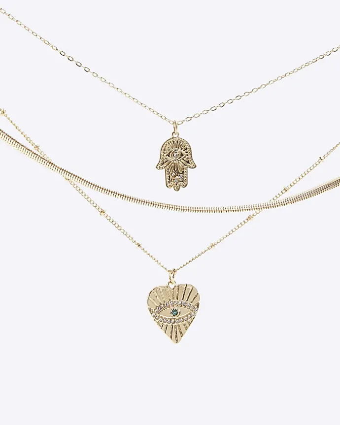 Gold heart and hand multirow necklace