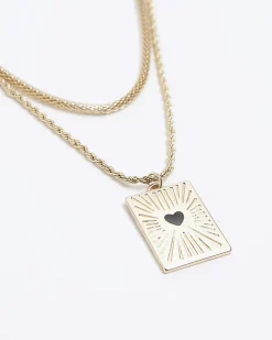 Gold heart tag multirow necklace