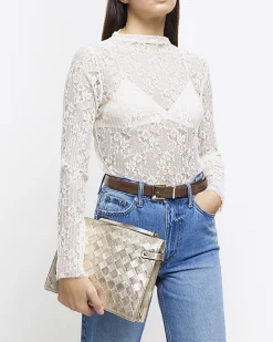 Gold leather weave cross body bag
