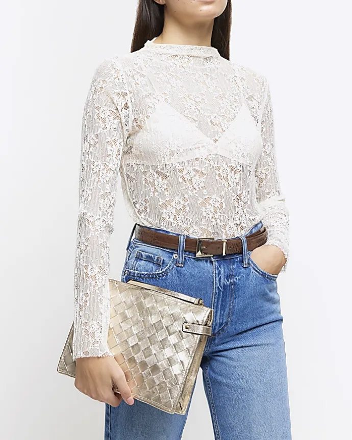 Gold leather weave cross body bag