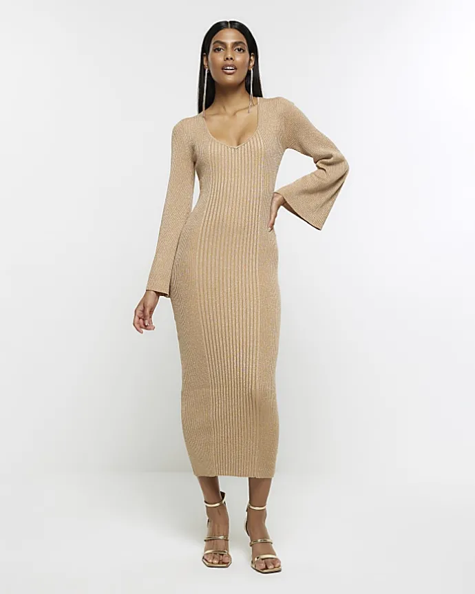 Gold long sleeve jumper midi dress