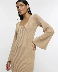 Gold long sleeve jumper midi dress
