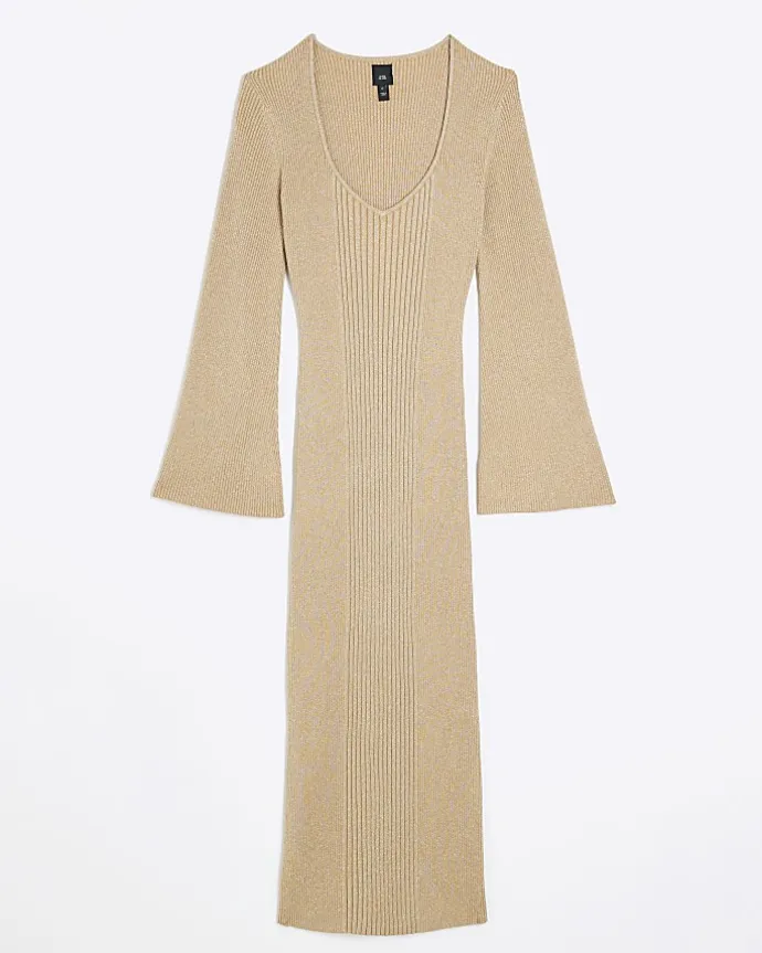 Gold long sleeve jumper midi dress