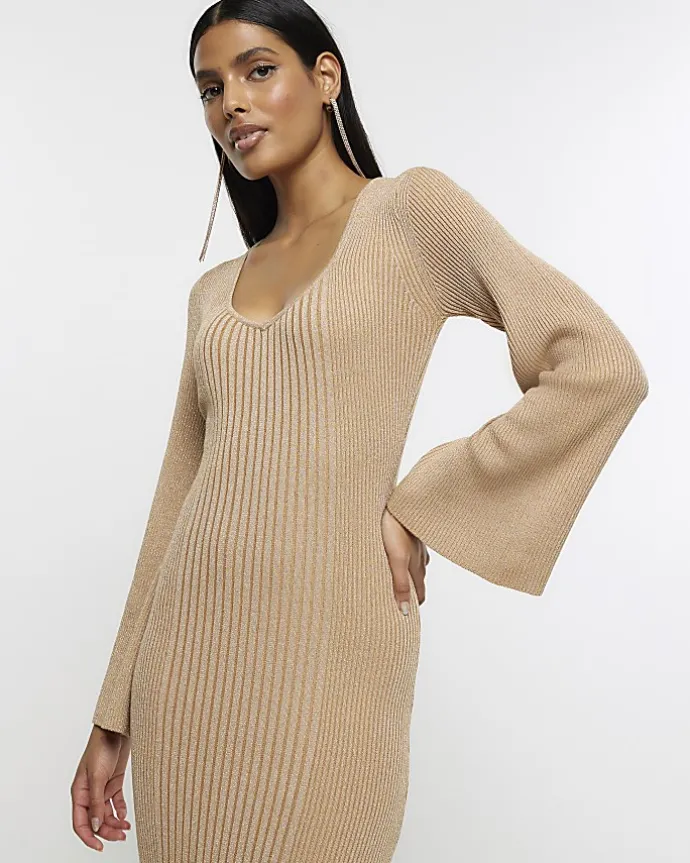 Gold long sleeve jumper midi dress