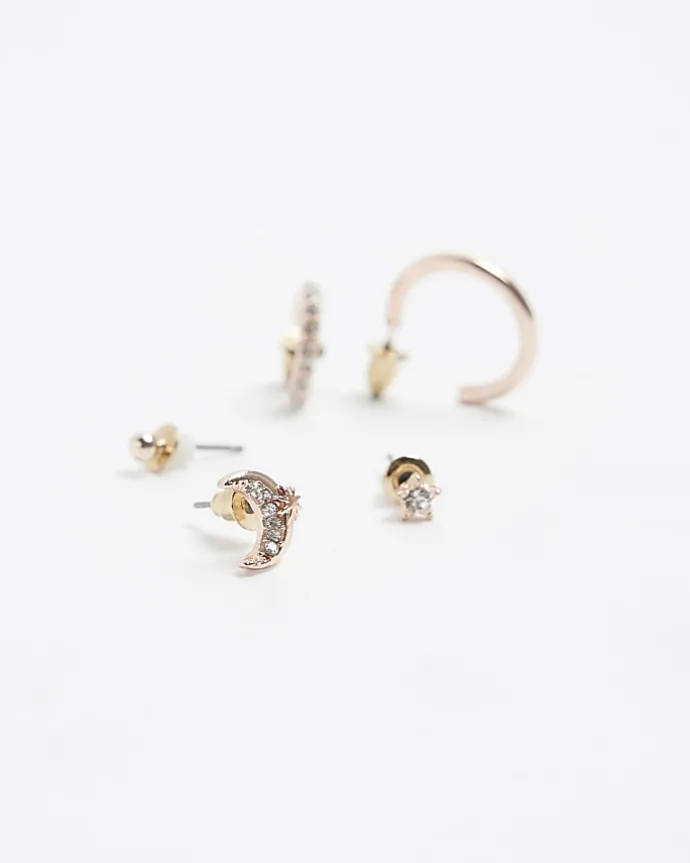 Gold moon hoop and stud earrings