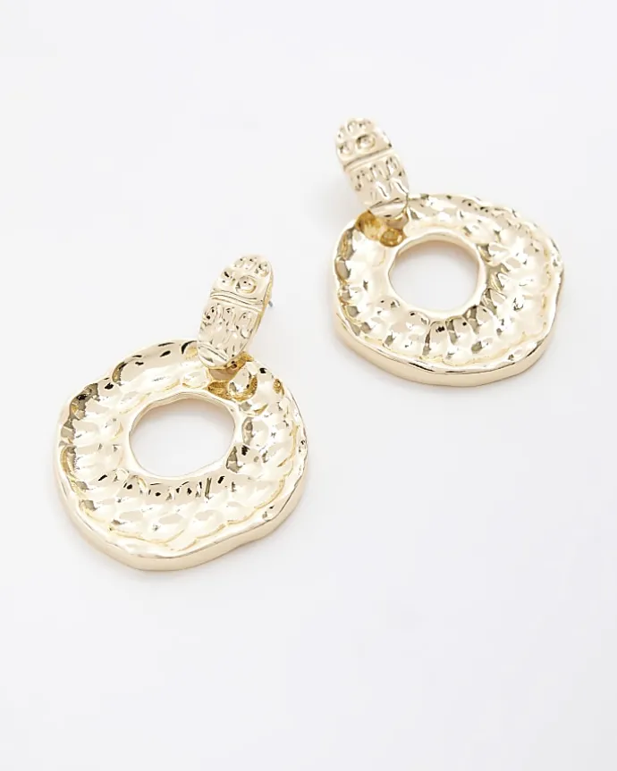 Gold textured circle drop earrings
