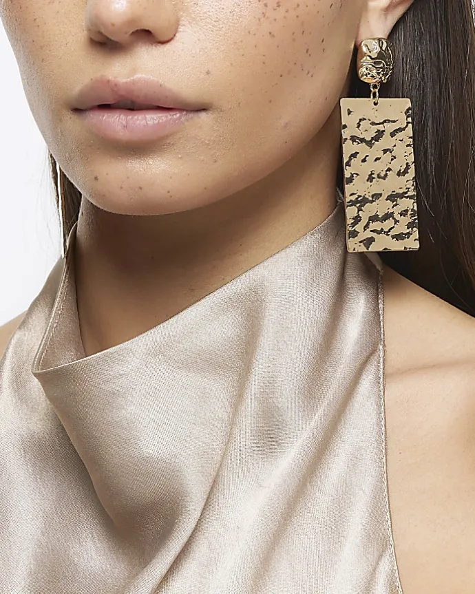 Gold Textured Tag Drop Earrings
