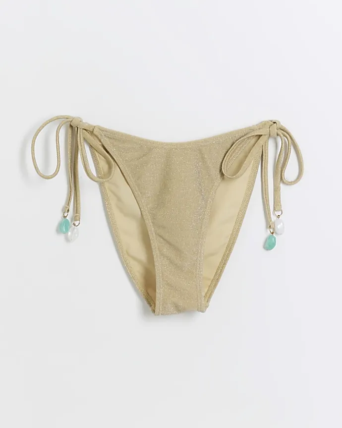 Gold tie side brief bikini bottoms