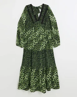 Green animal print swing midi dress