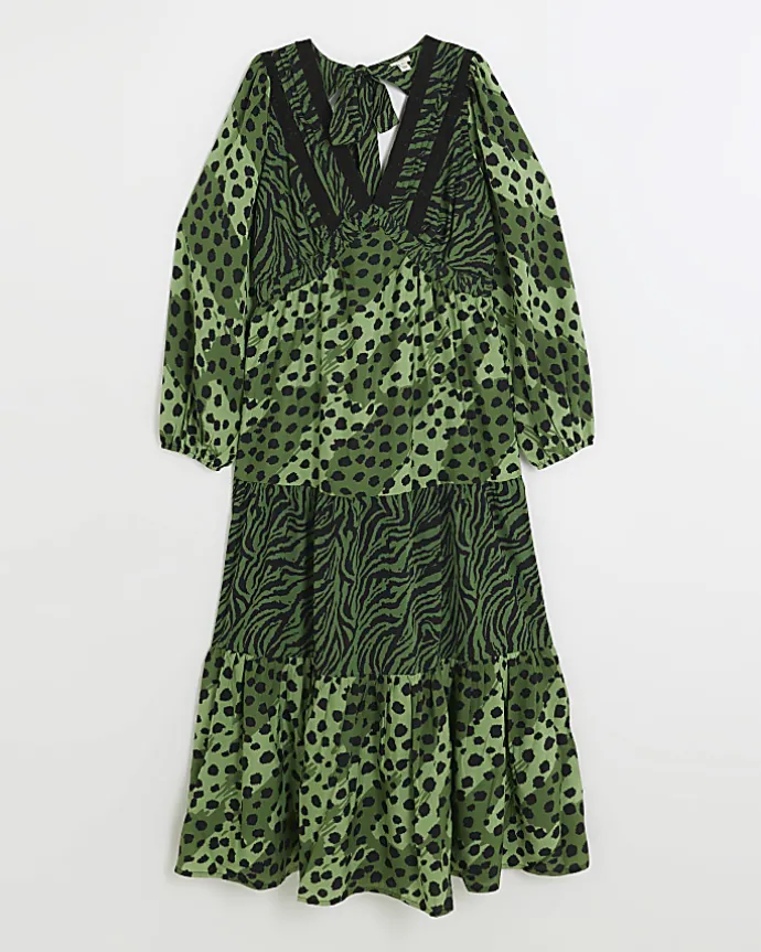 Green animal print swing midi dress