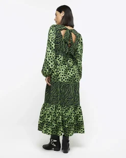 Green animal print swing midi dress