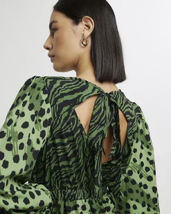 Green animal print swing midi dress