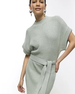 Green belted high neck jumper midi dress