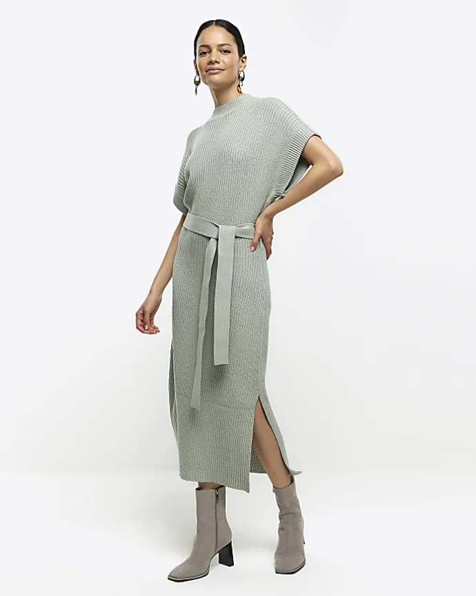 Green belted high neck jumper midi dress