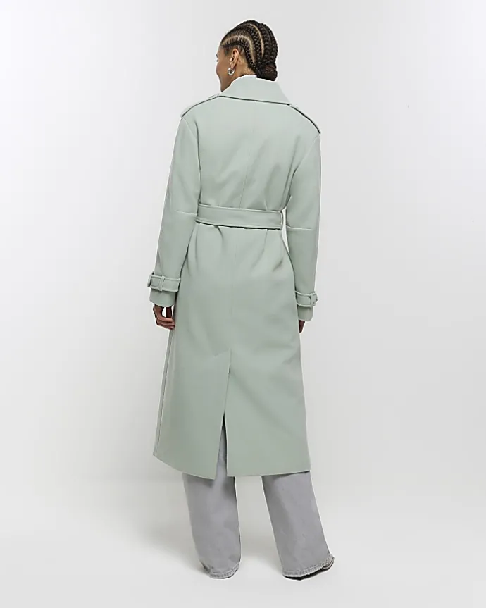 Green belted longline trench coat