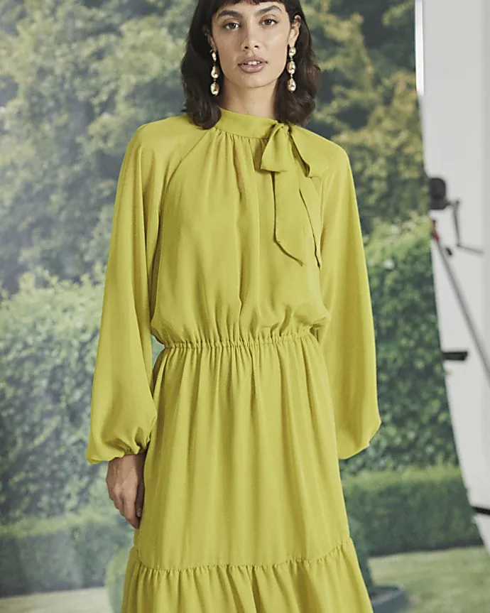 Green bow swing midi dress