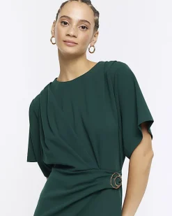 Green buckle wrap bodycon midi dress