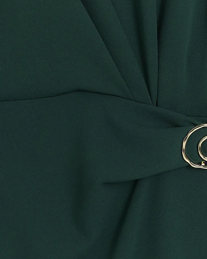 Green buckle wrap bodycon midi dress