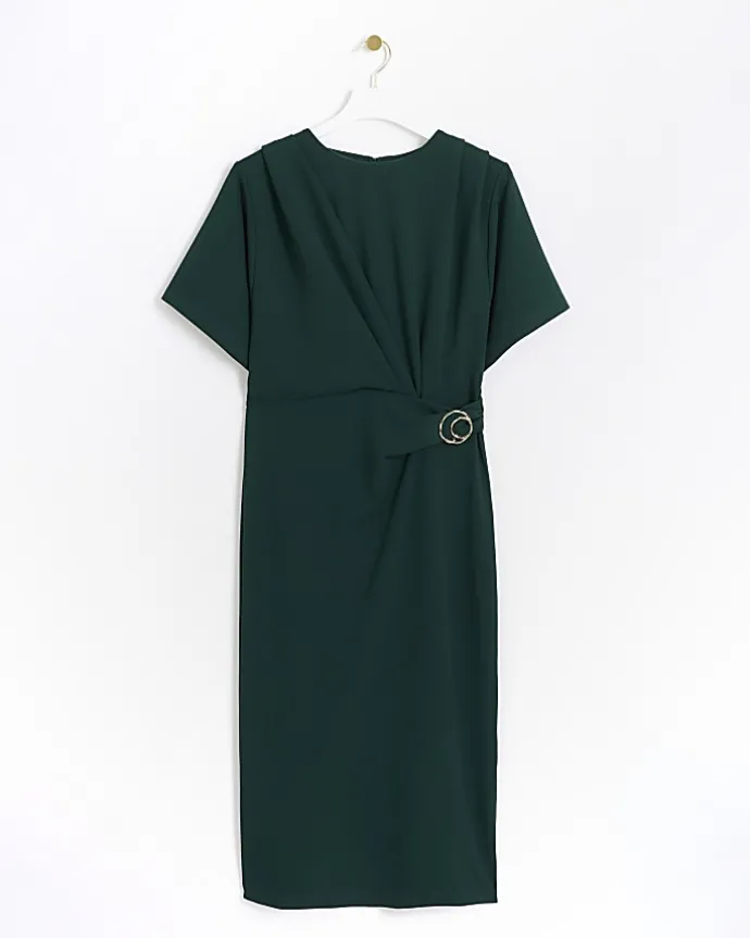 Green buckle wrap bodycon midi dress