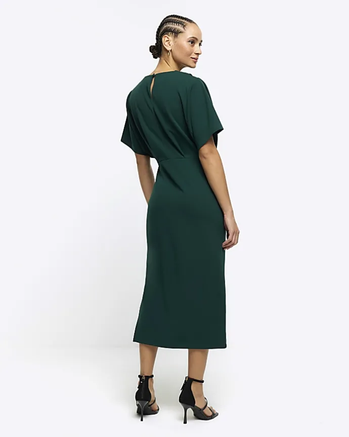 Green buckle wrap bodycon midi dress
