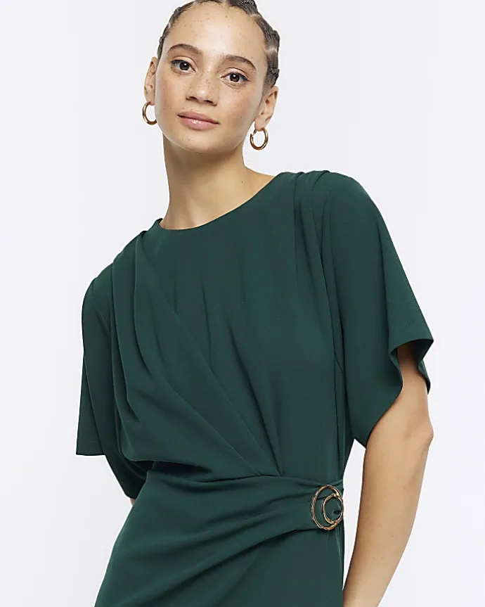 Green buckle wrap bodycon midi dress