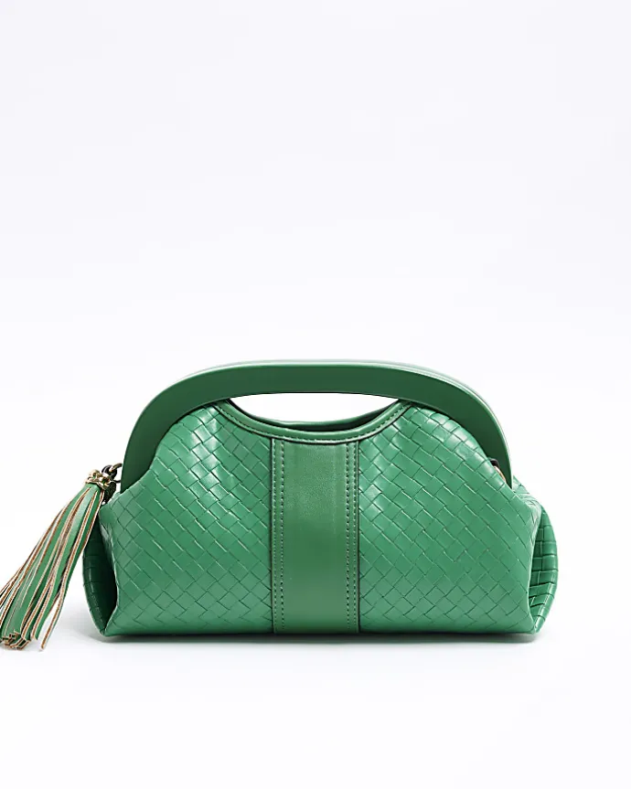 Green embossed weave clutch bag