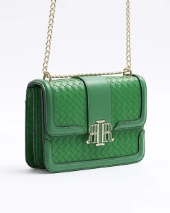 Green embossed woven satchel bag
