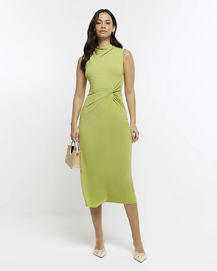 Green knot detail bodycon midi dress