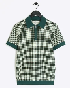 Green muscle fit knit geometric polo