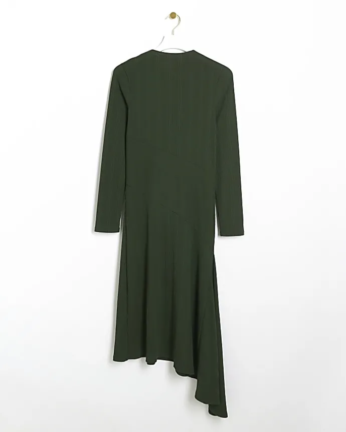 Green rib asymmetric bodycon midi dress