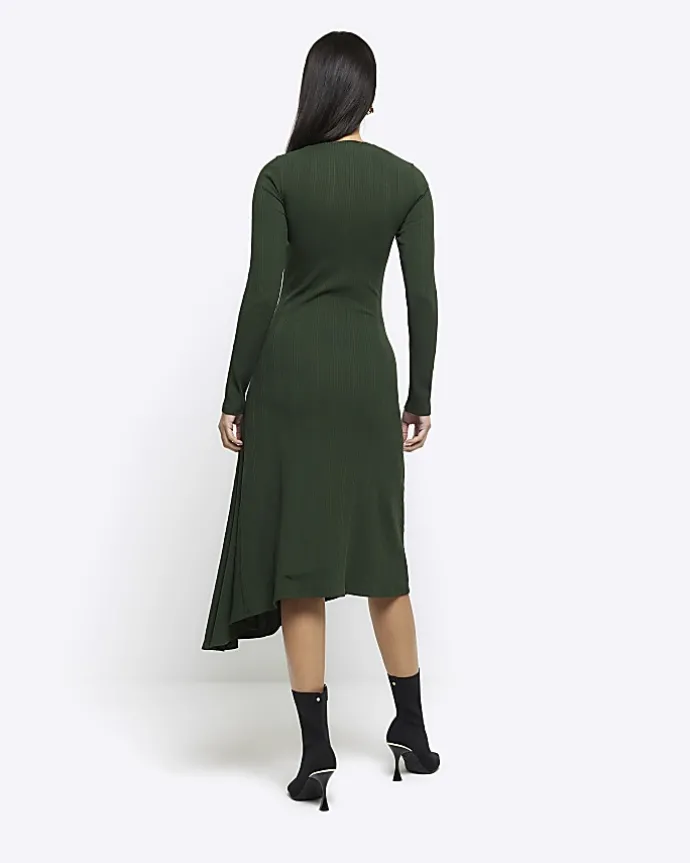 Green rib asymmetric bodycon midi dress