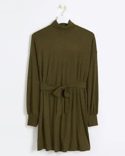 Green rib belted jumper mini dress