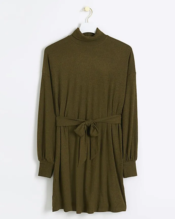 Green rib belted jumper mini dress