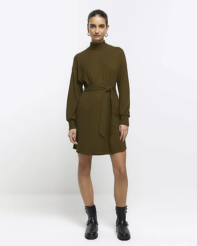 Green rib belted jumper mini dress