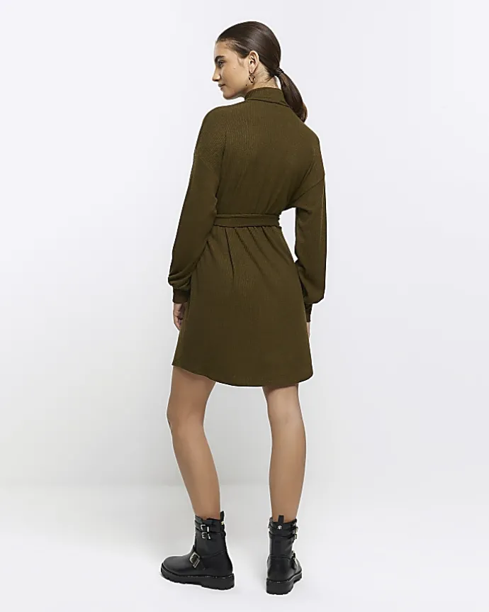 Green rib belted jumper mini dress