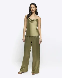 Green satin cowl neck cami top