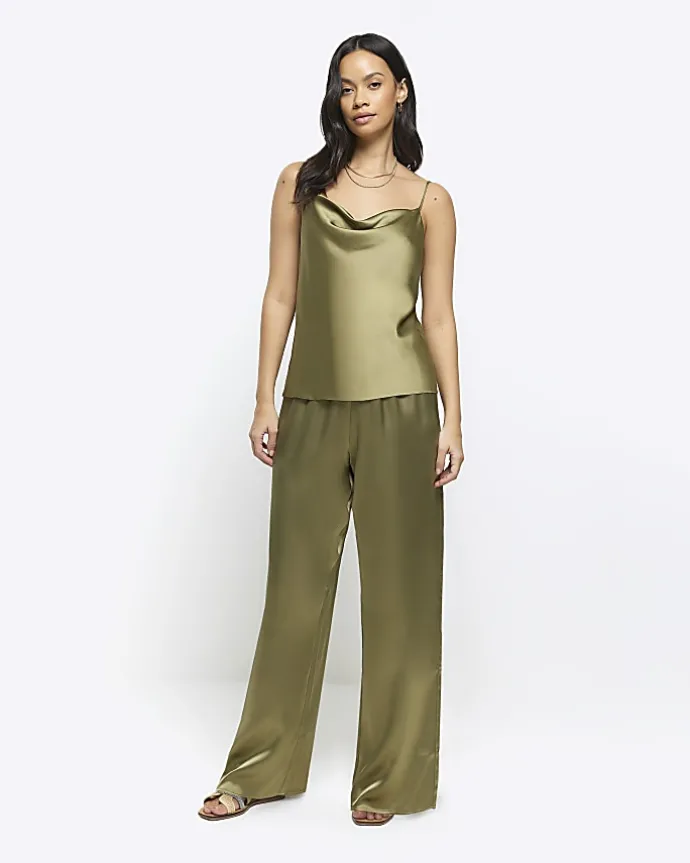 Green satin cowl neck cami top