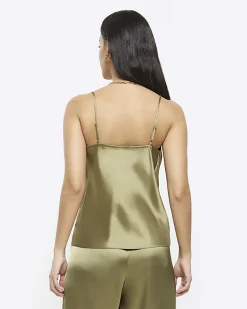 Green satin cowl neck cami top