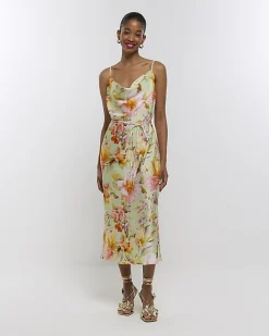 Green satin floral cowl neck slip midi dress